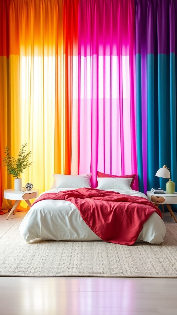 A bright bedroom featuring colorful ombre curtains in shades of yellow, pink, and blue, with a white bed and red blanket.