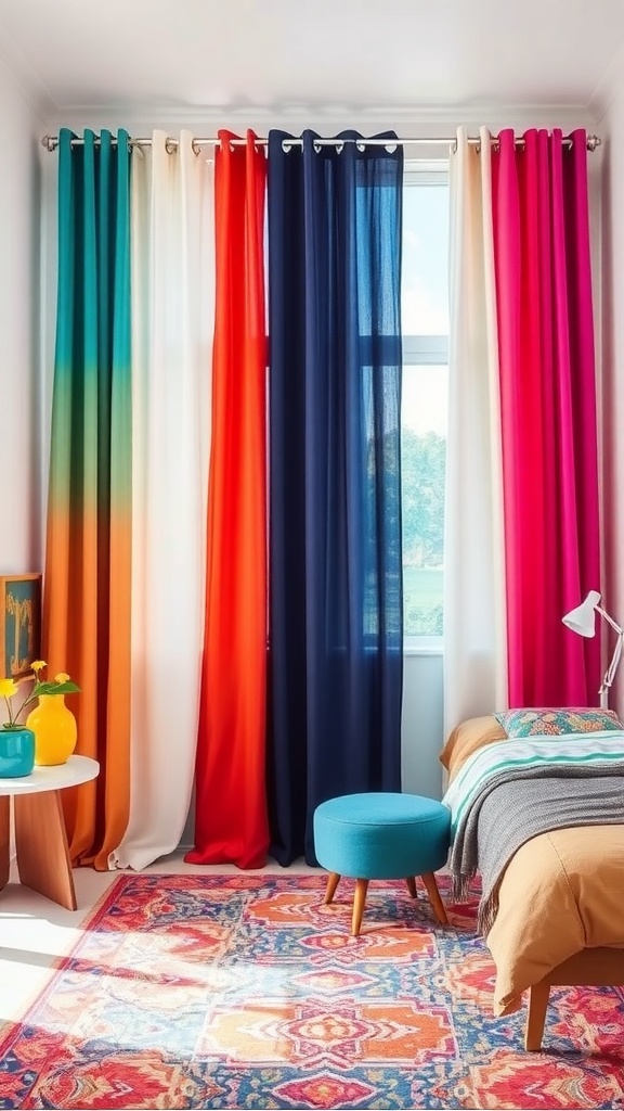 Colorful ombre curtains in a bedroom, transitioning from teal to pink, with a cozy bed and vibrant rug.
