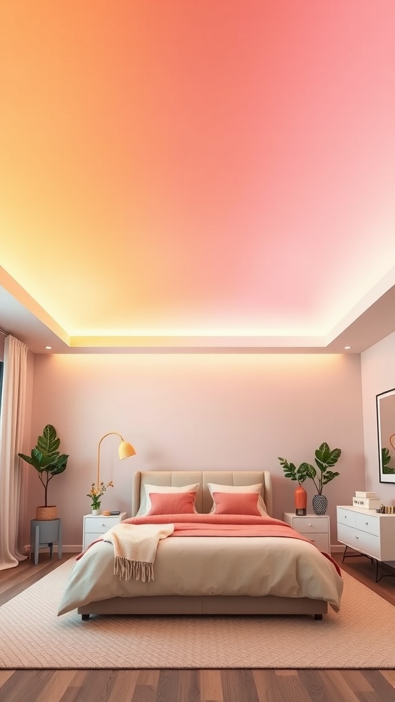 A cozy bedroom with a colorful ombre ceiling transitioning from peach to pink.