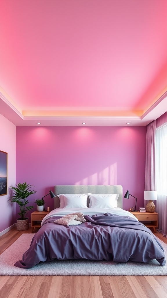 A bedroom featuring a colorful ombre ceiling effect transitioning from light pink to deeper shades, with purple walls and cozy bedding.