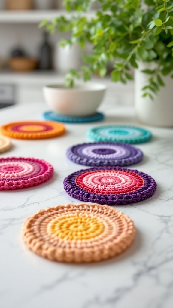 A collection of colorful crochet coasters in ombre designs arranged on a marble countertop with a plant and bowl in the background.