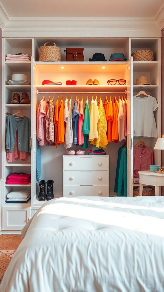 Colorful open wardrobe with neatly arranged clothes and accessories