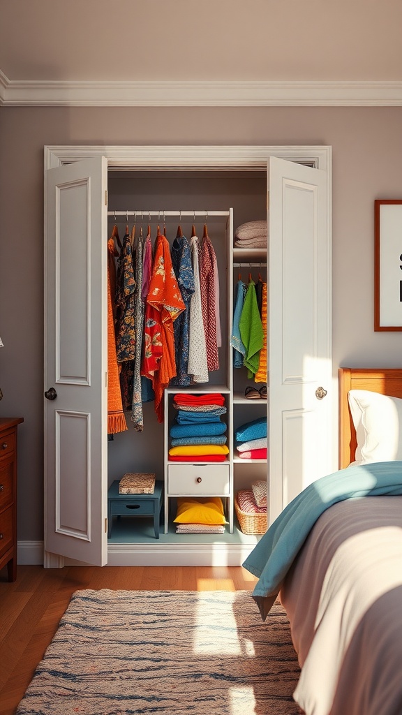 A bright and colorful open wardrobe filled with clothing and neatly folded items, showcasing vibrant colors against a neutral bedroom background.