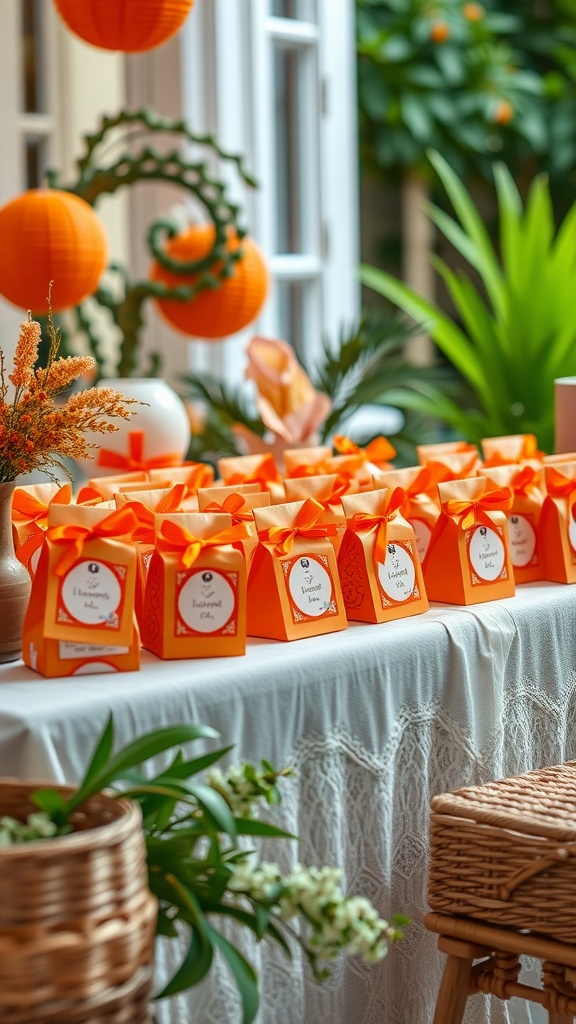 Colorful orange party favors in decorative boxes with ribbons on a table, with orange lanterns and greenery in the background.