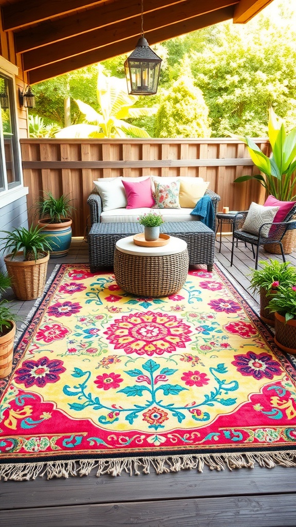 A colorful outdoor rug in a cozy deck setting with plants and comfortable seating.