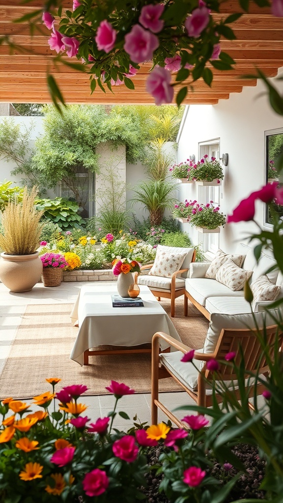 A colorful outdoor space with flowers, comfortable seating, and greenery.