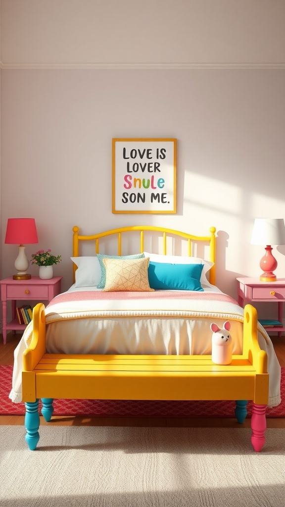 A colorful painted bench at the end of a bed, featuring bright yellow with blue legs, surrounded by a cheerful bedroom decor.