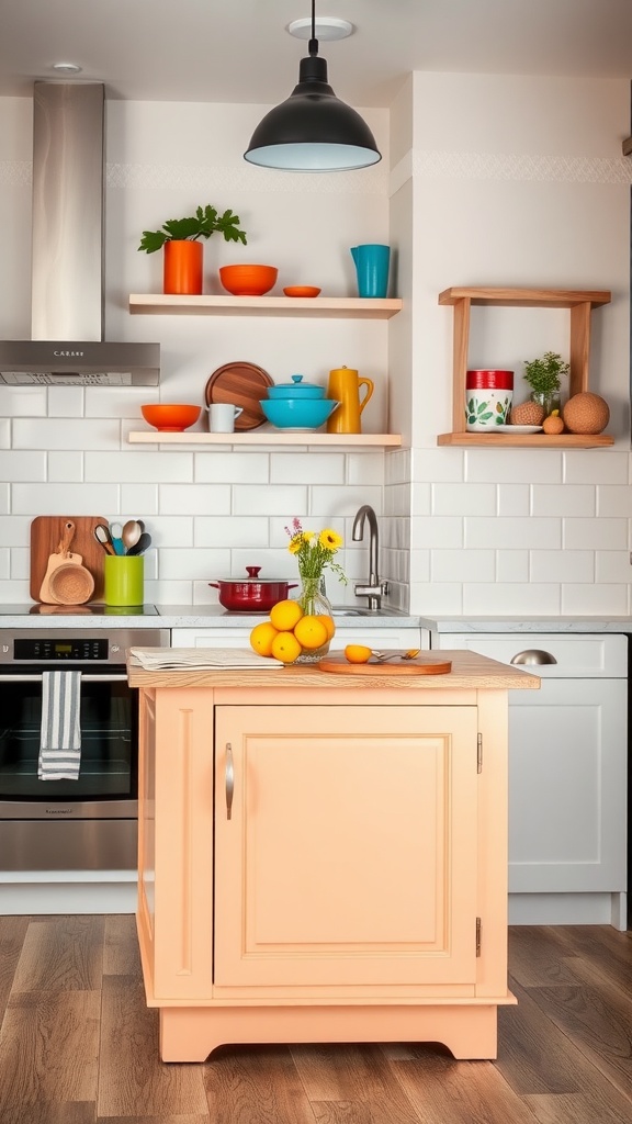 A colorful peach kitchen island with fresh oranges on top, surrounded by vibrant kitchen accessories.