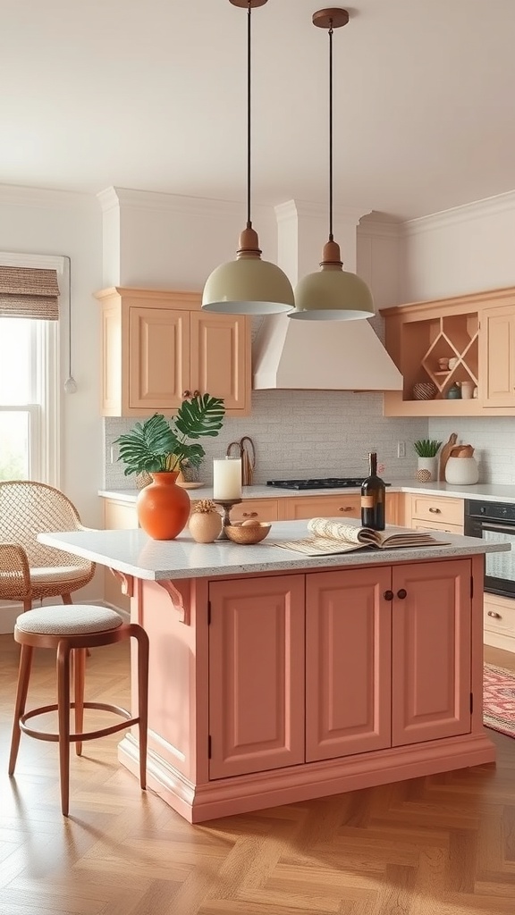 A colorful painted kitchen island in coral with pendant lights above and decorative items on the countertop.