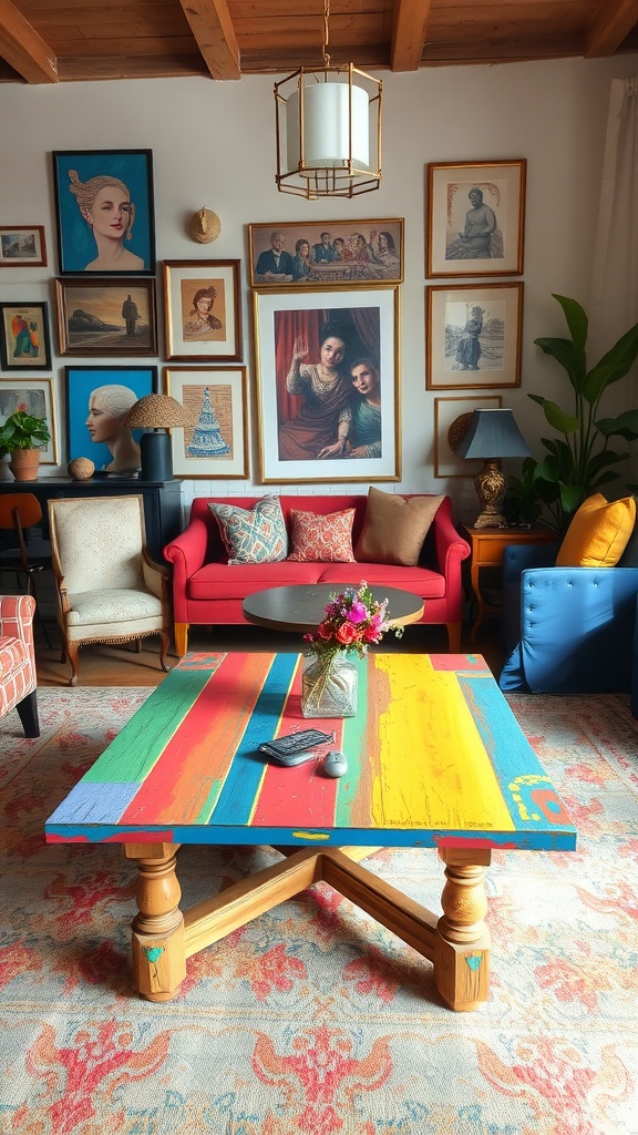 A colorful painted table in a cozy living room with artwork and furniture.