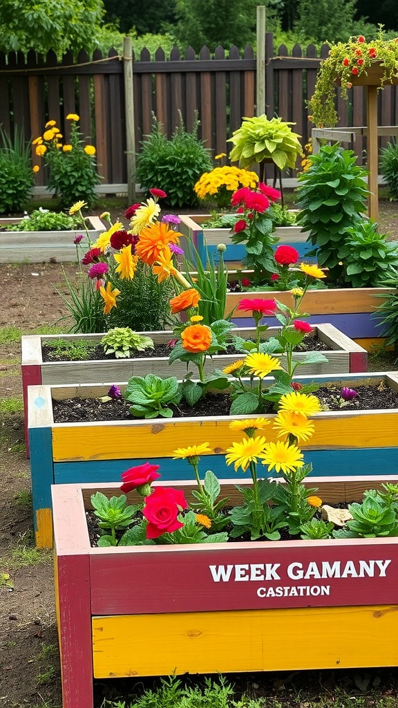 Colorful painted wooden raised garden beds filled with flowers