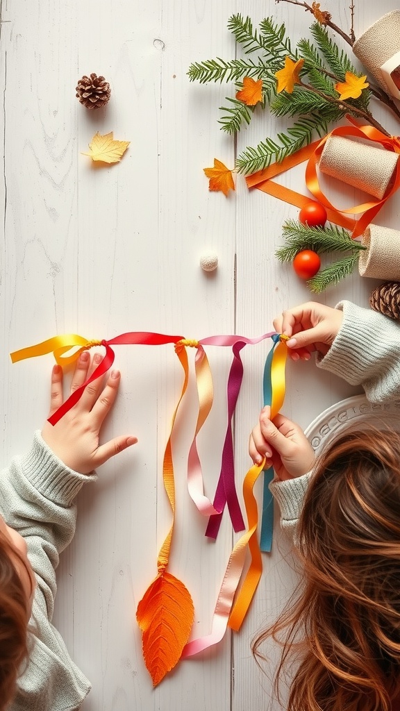Two toddlers creating colorful paper chains with ribbons and leaves on a wooden surface.