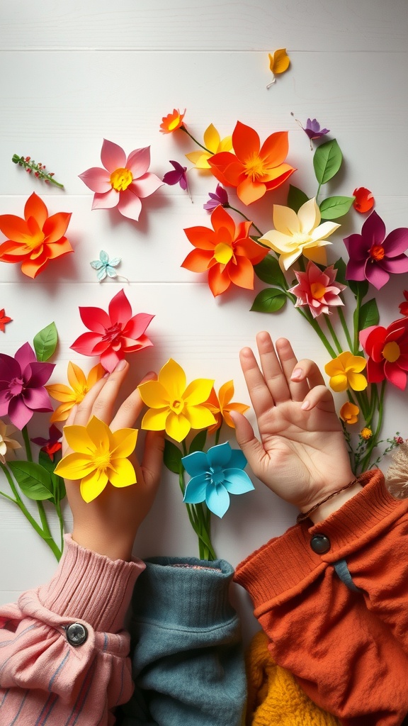 Colorful paper flowers with hands of children holding them