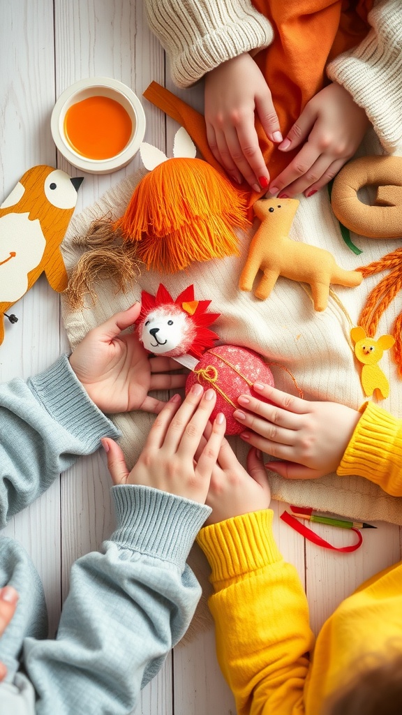 Children's hands working on colorful paper mache animal crafts.