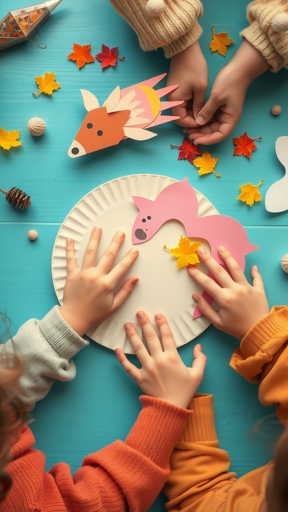 Children making colorful paper plate animals with craft supplies and leaves on a table