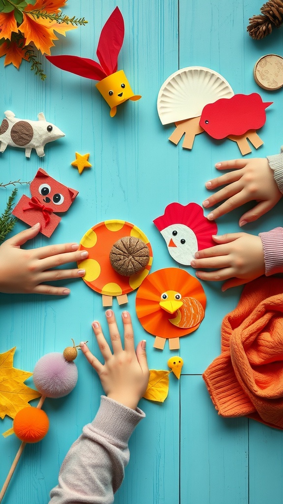 Children's hands working on colorful paper plate animal crafts