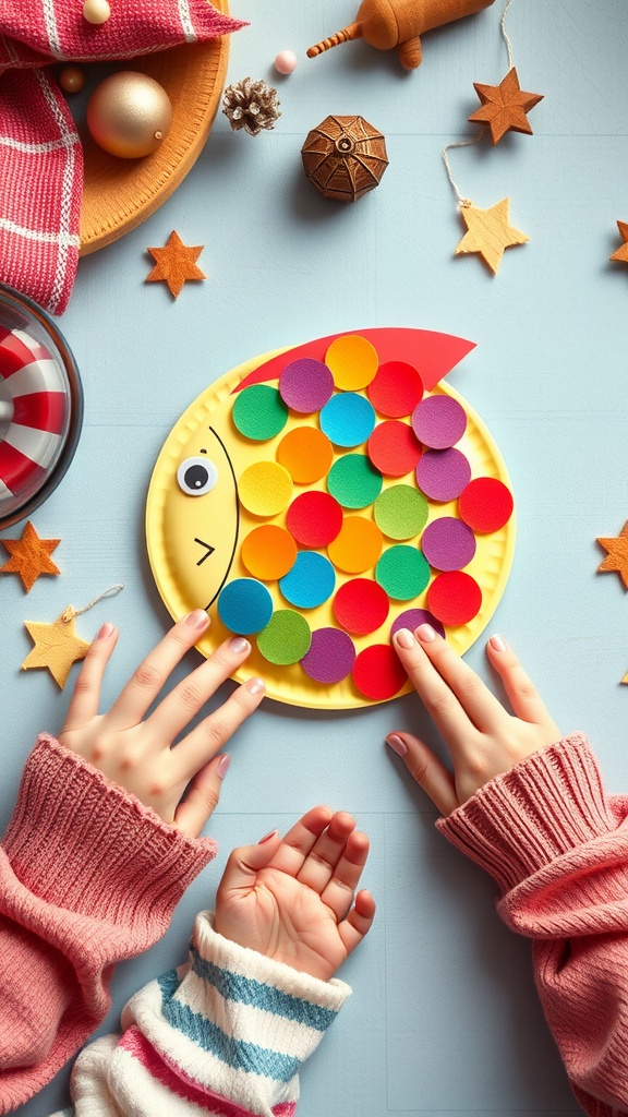 Colorful paper plate fish craft with hands working on it.