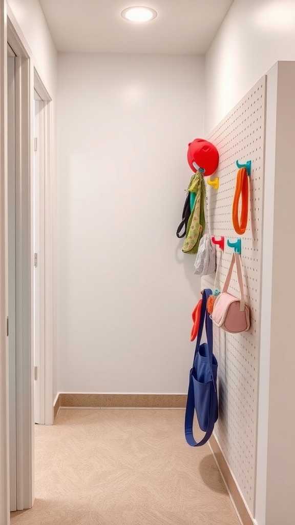 Colorful pegboard organizer in a small hallway with various bags and accessories hanging.