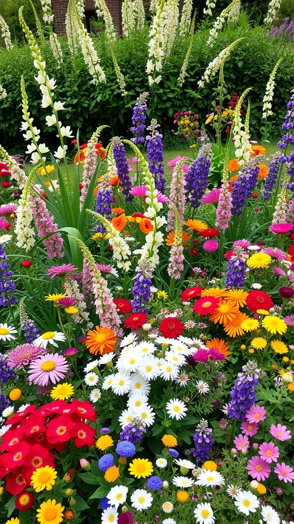 A vibrant border of colorful perennial flowers in a garden