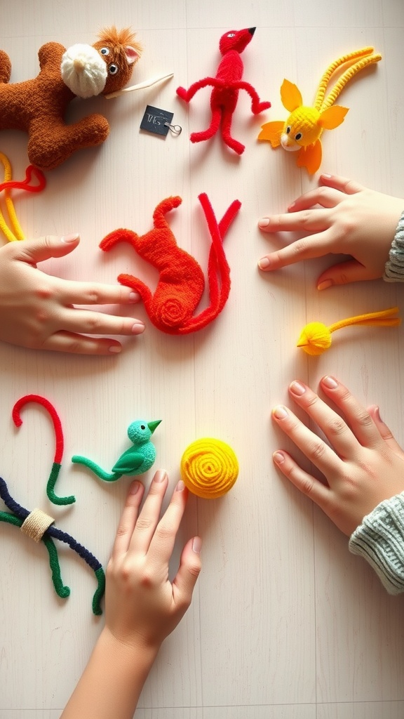 Colorful pipe cleaner animals being crafted by children's hands