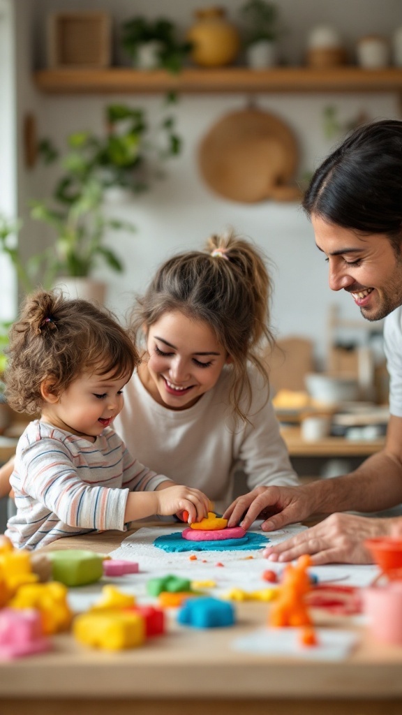 A toddler and their parents having fun with colorful playdough creations.