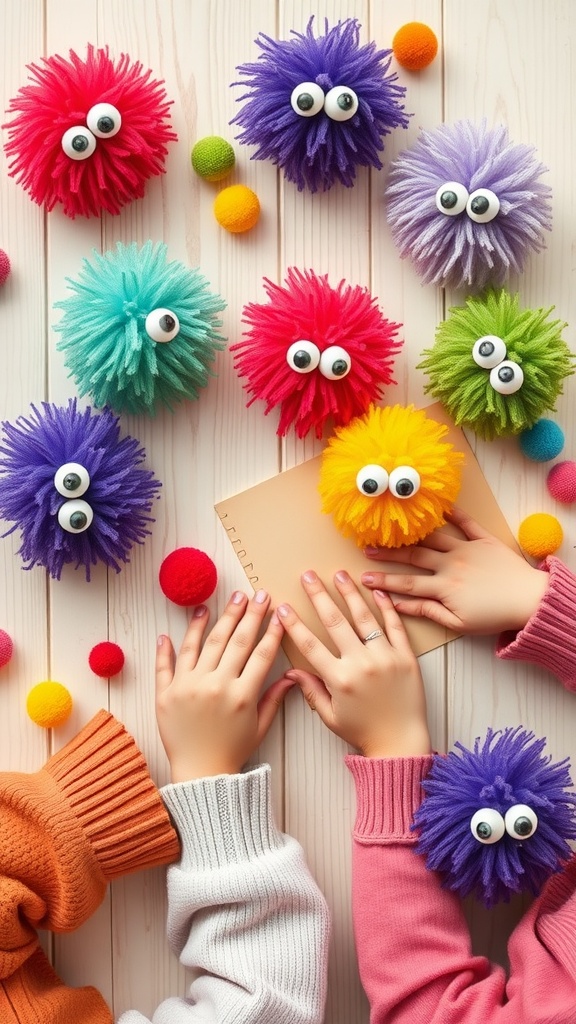 A colorful arrangement of pom pom monsters with googly eyes, along with hands crafting more pom poms.