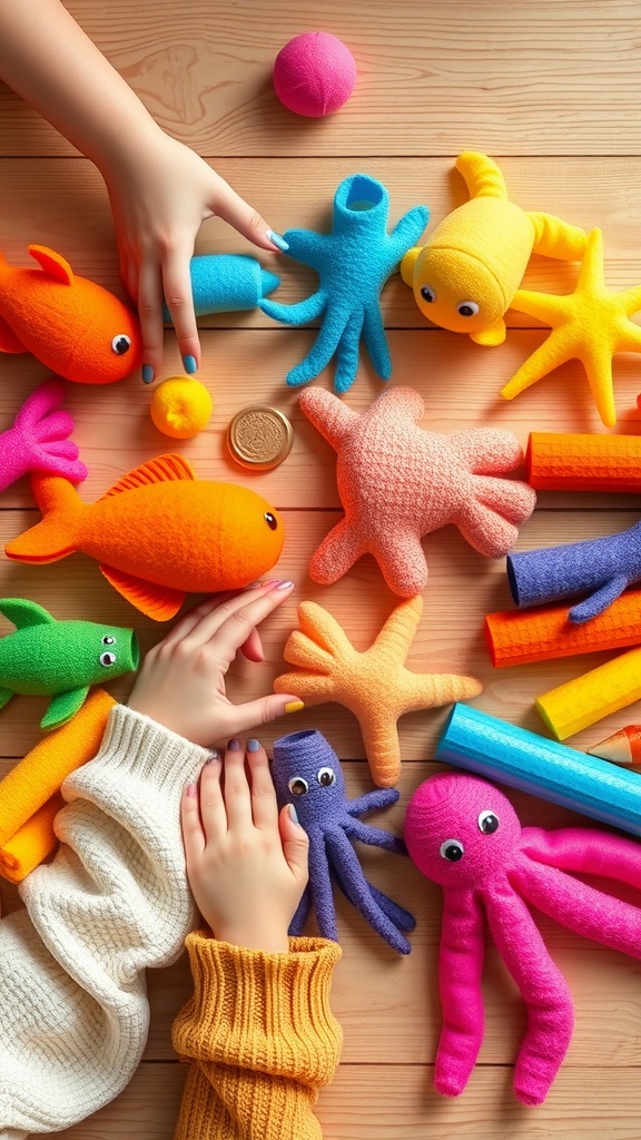 Colorful pool noodle creatures on a wooden table, including fish, octopuses, and starfish, with hands involved in crafting.