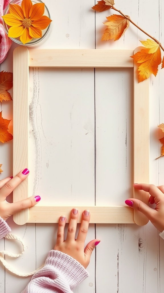 Hands holding a popsicle stick picture frame surrounded by autumn leaves and a flower.