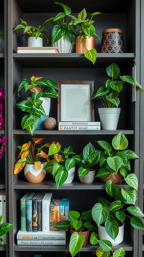 A display of colorful pothos plants on a bookshelf, showcasing various pot styles and vibrant foliage.
