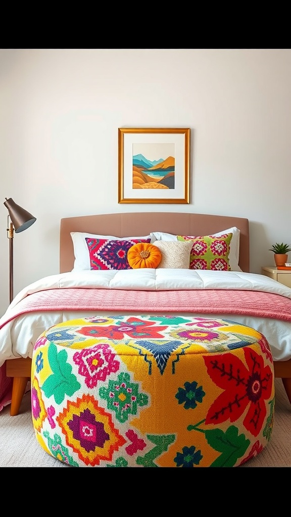 A colorful pouf with floral patterns at the end of a bed, surrounded by vibrant bedding and a modern lamp.