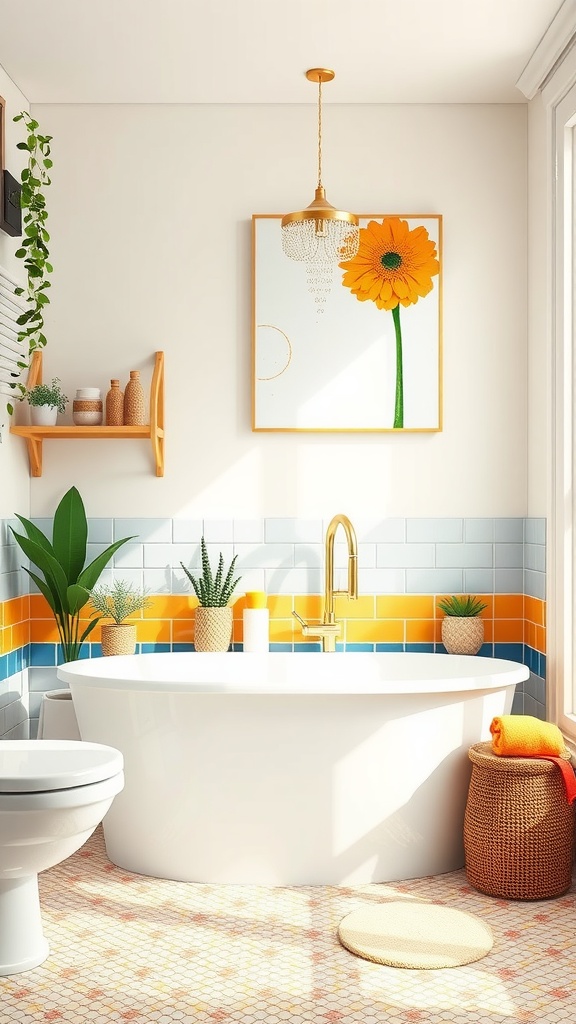 A bright and colorful kids' bathroom with rainbow accents including orange, blue, and yellow tiles, a flower painting, and potted plants.