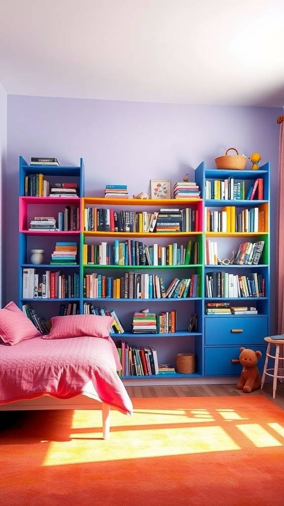 A colorful rainbow book display in a cozy bedroom with pink bedding and an orange rug.