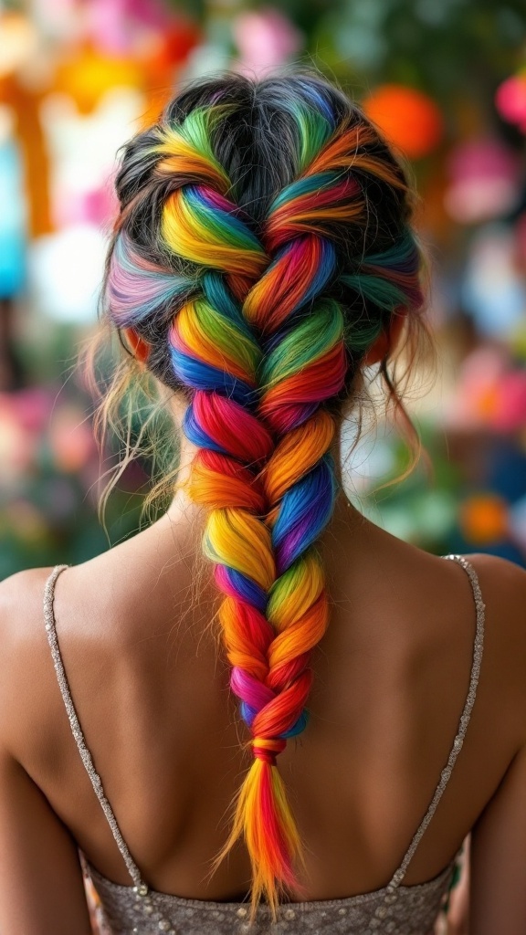 A colorful rainbow braid hairstyle showcasing vibrant colors in a braided pattern