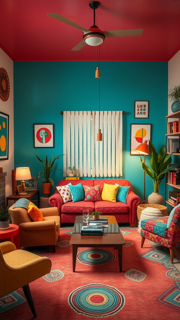 Vibrant retro living room with colorful furniture and decor