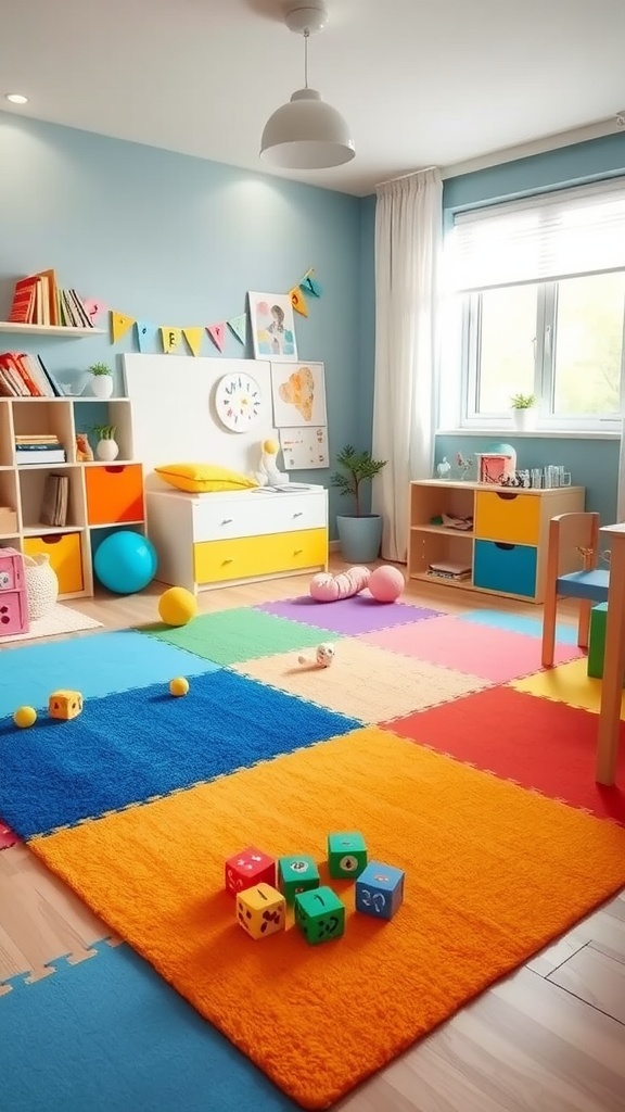 A vibrant kids' bedroom with a colorful rug play area, featuring bright sections and playful decor.