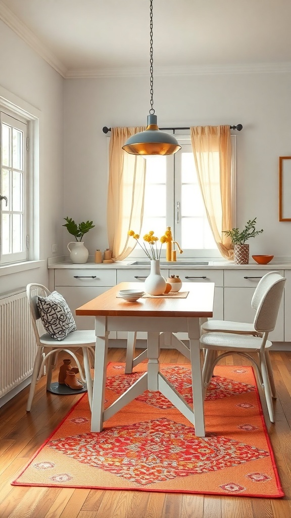 A bright orange rug with intricate patterns in a kitchen setting, featuring a wooden table and chairs.