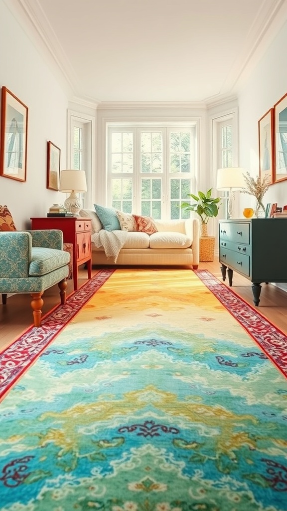 A colorful runner rug in a bright hallway with a cozy couch and side tables.