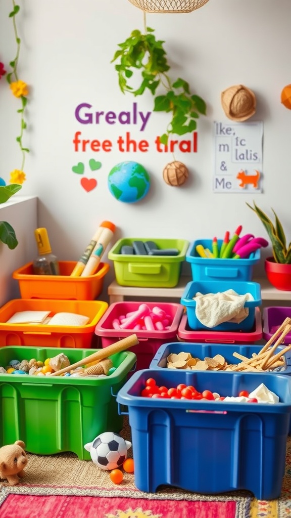 Colorful bins filled with sensory play materials for toddlers in a playroom setting.