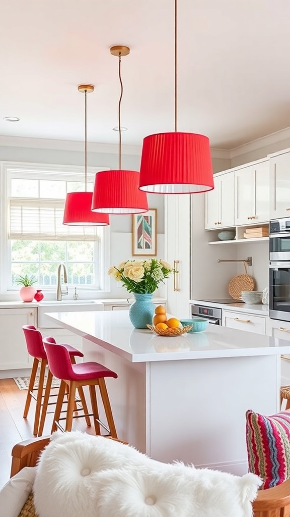 A modern kitchen with three red pendant lights over an island, featuring colorful bar stools and a bright, inviting atmosphere.