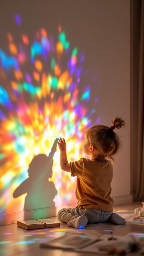 A toddler playing with colorful shadows created by a flashlight.