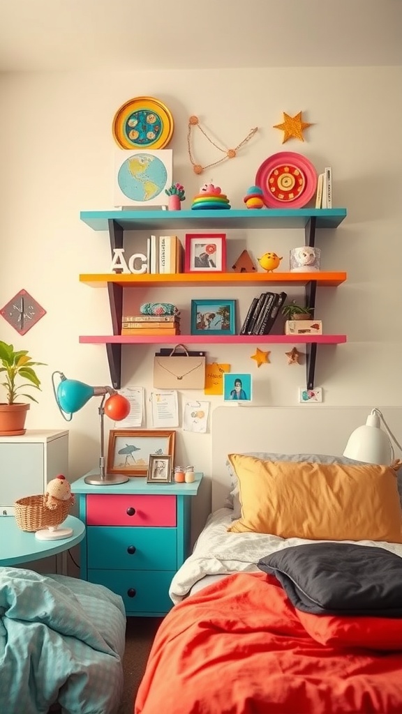 Colorful bedroom shelving with books, decor, and plants, adding a playful vibe to the space.