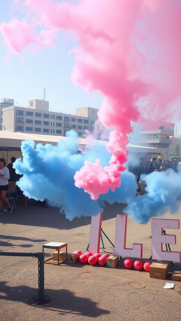 Colorful smoke bomb reveal with pink and blue smoke