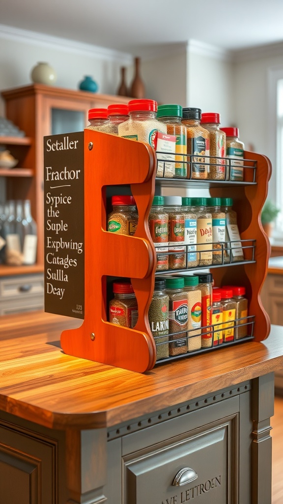 A colorful wooden spice rack filled with various spice containers on a kitchen island.