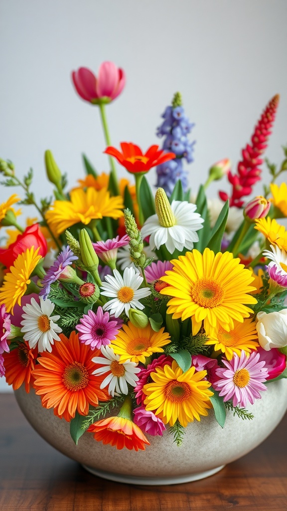 A vibrant floral arrangement featuring various spring flowers like tulips, daisies, and gerberas in a round bowl.