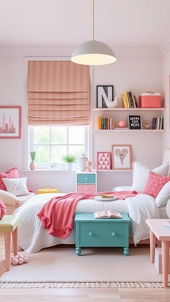 A colorful girly room with a teal storage box, pink accents, and organized shelves.