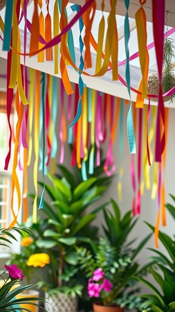 Colorful streamers and garlands hanging from the ceiling with plants and flowers in the background.