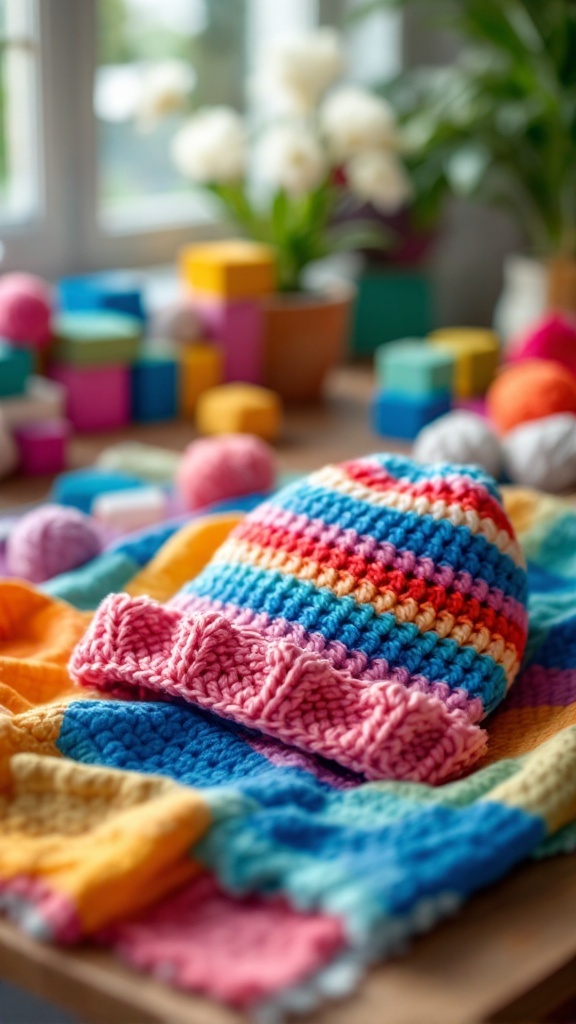 Colorful striped crochet baby hat on a table with yarn and colorful blocks in the background