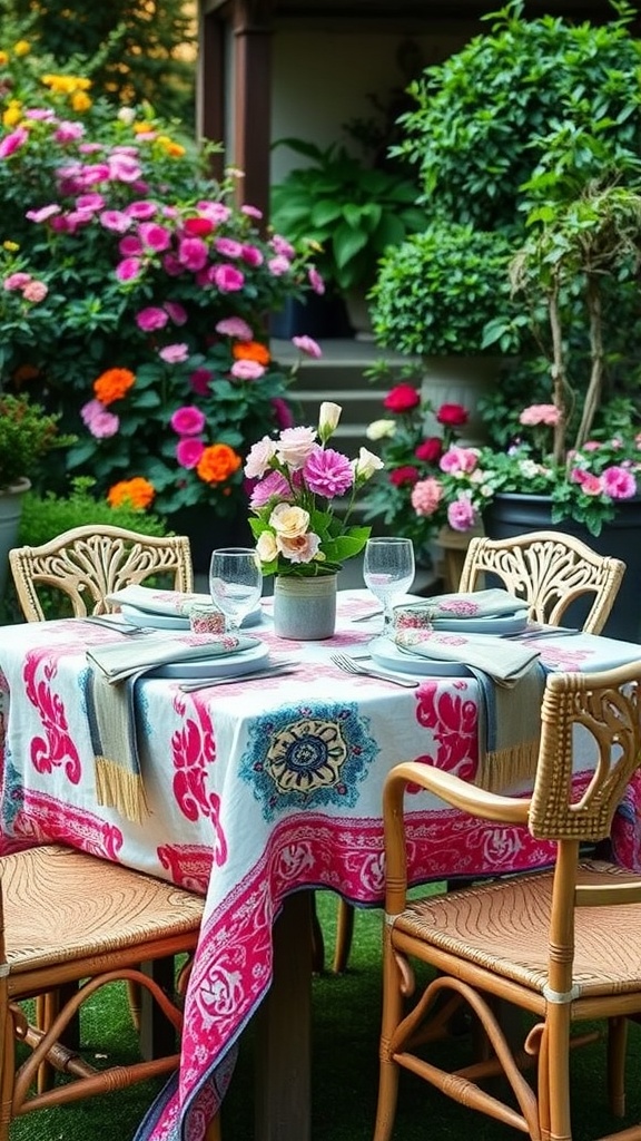 A beautifully set garden table with colorful linens and flowers in the background