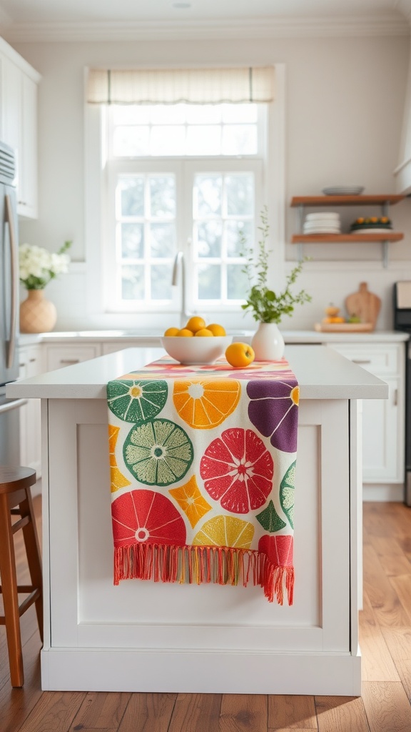 A colorful table runner with fruit patterns draped over a kitchen island with a bowl of lemons.