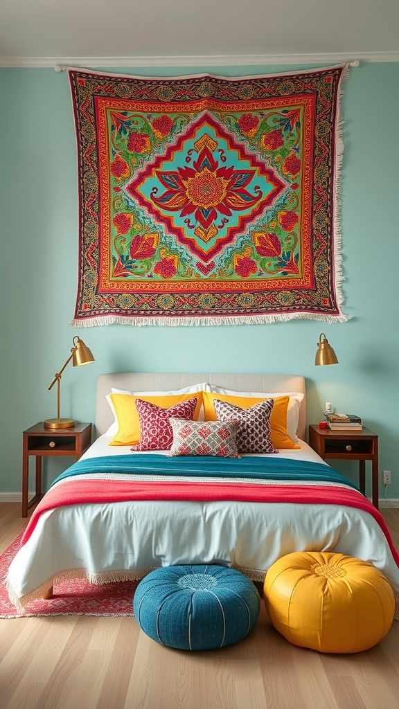 A colorful tapestry hanging above a bed with bright pillows and poufs in a stylish bedroom.